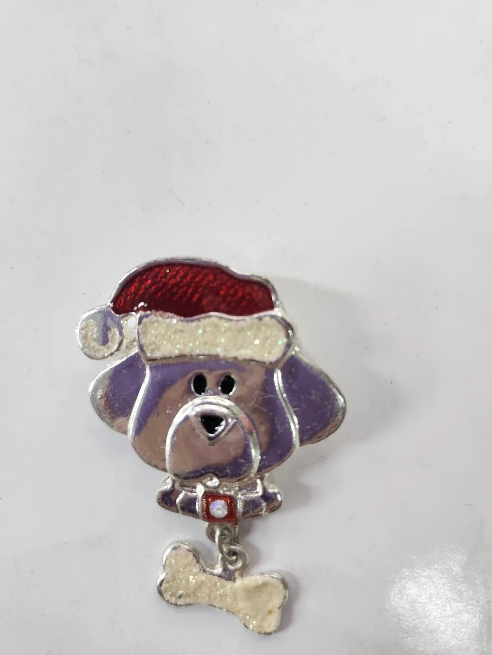 enamel over metal puppy dog with a bone brooch pin